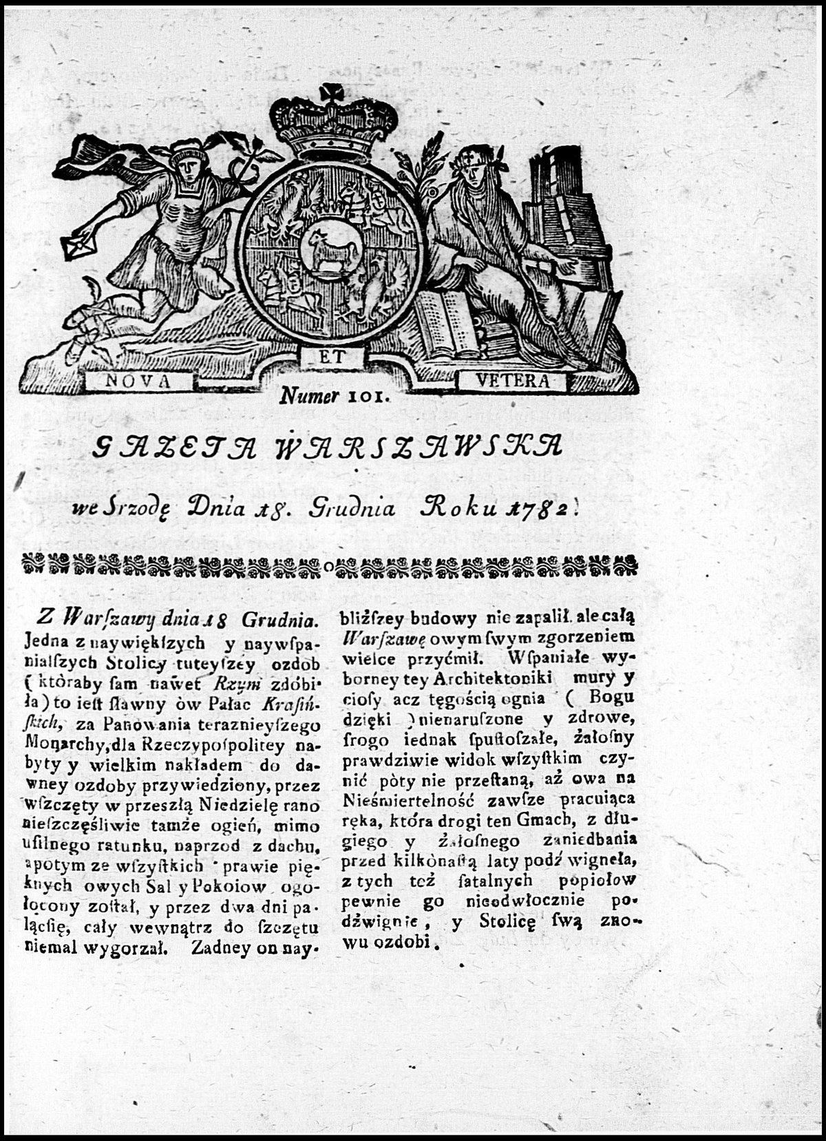 Front page of Gazeta Warszawska newspaper from December 18, 1782, issue number 101 with supplement