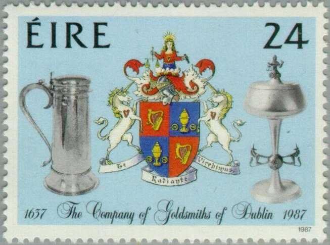 Irish postage stamp featuring the 350th anniversary coat of arms of the Company of Goldsmiths of Dublin