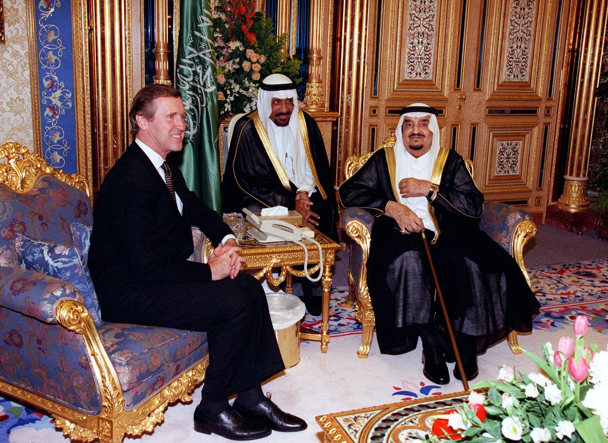 Secretary of Defense William S. Cohen meeting King Fahd bin Abd al-Aziz Al Saud at Al-Yamamah Palace Riyadh 1998
