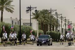 President Donald Trump's motorcade escorted by Saudi Royal Guard on Arabian horses at Royal Court Palace