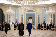 President Donald Trump and Saudi Crown Prince Mohammed Bin Salman Al Saud participating in a traditional coffee ceremony at the Royal Court Palace in Riyadh on May 13, 2025