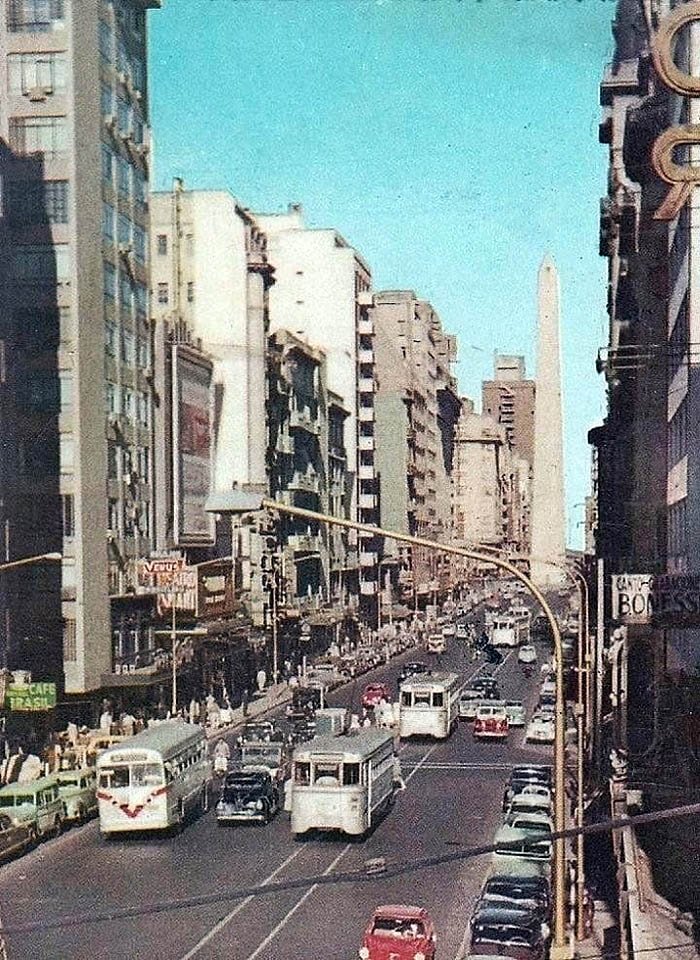Last year of trams in Buenos Aires in 1962 showing a busy intersection at Corrientes and Talcahuano