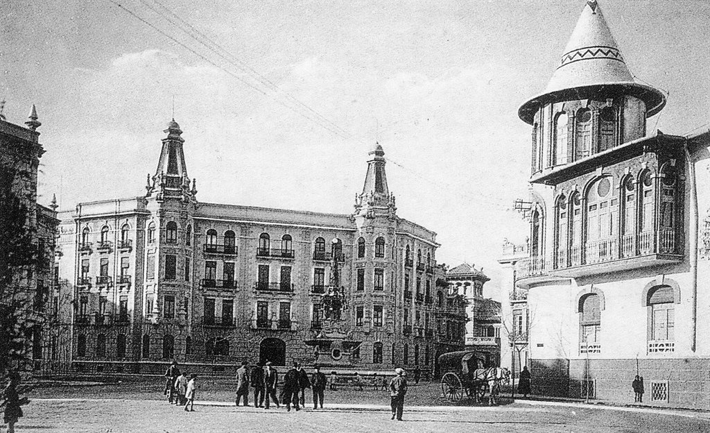 Former Plaza de Canalejas in Albacete with modernisme building and Fountain de las Ranas