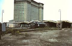 Historic Michigan Central Station trainshed with vintage trains in August 1976