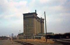 Michigan Central Station building in 1978 with partially damaged and abandoned structure