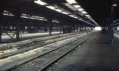 View of platforms at Michigan Central Station in July 1978 with train tracks and station infrastructure