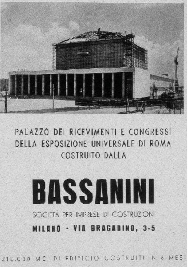 1939 Bassanini advertisement showcasing the Palazzo dei Congressi in Rome