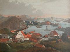 Alvøen prospect painting from 1808 showing historic buildings and landscape