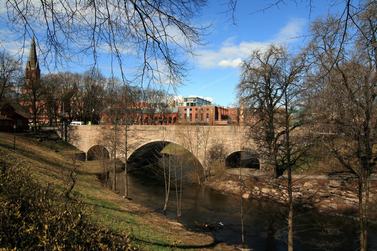 Akerselva river flowing under Ankerbrua bridge in Oslo