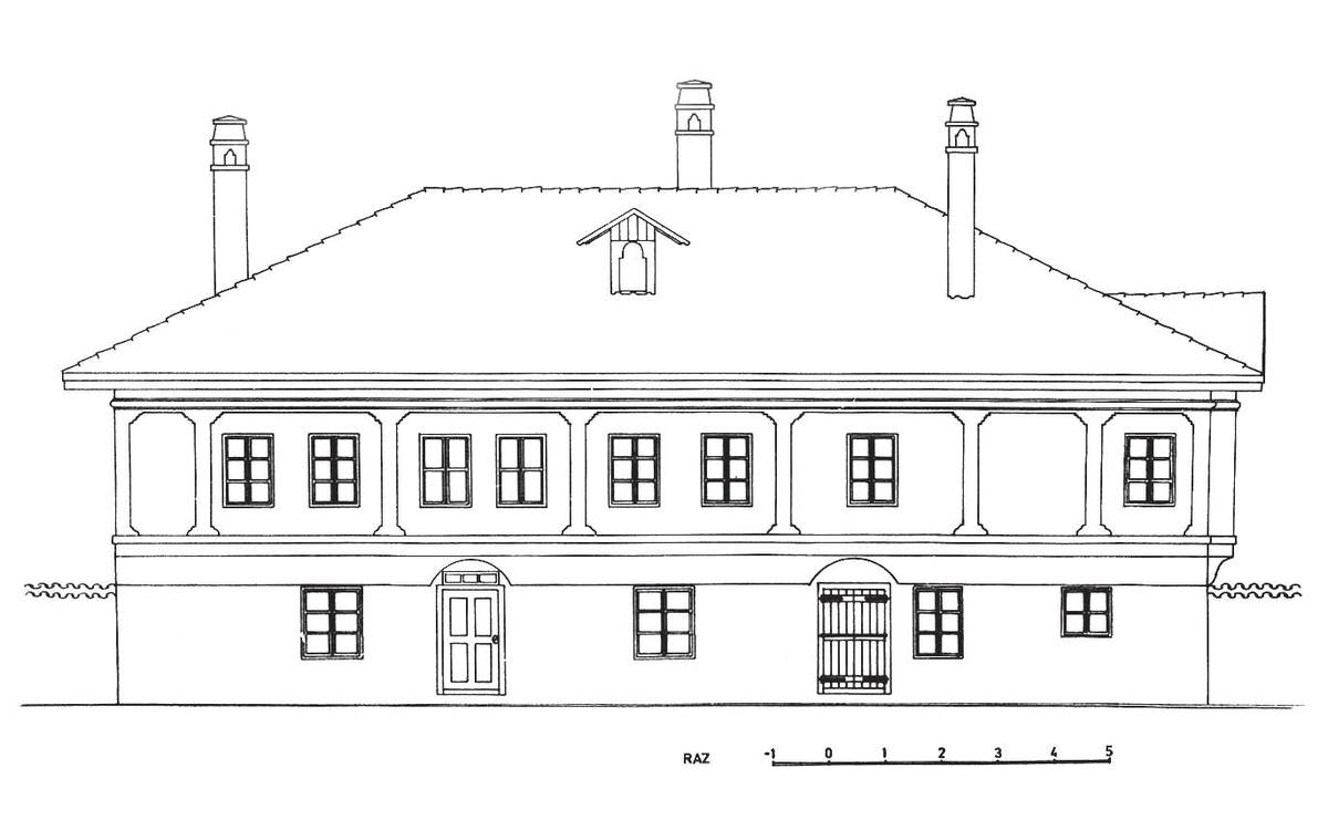 Architectural drawing of a street facade in black and white