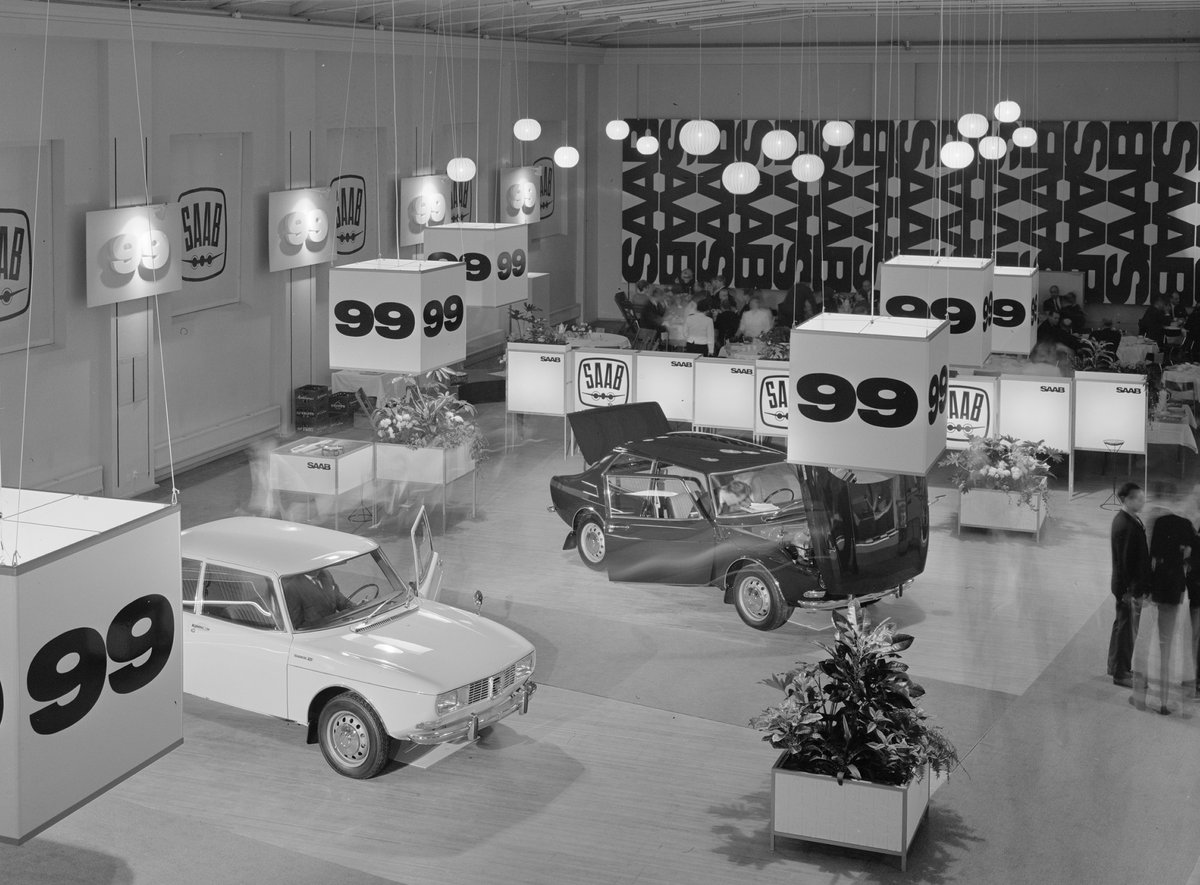 Classic Saab 99 car displayed at the Teknorama premiere event at the Technical Museum on November 22, 1967
