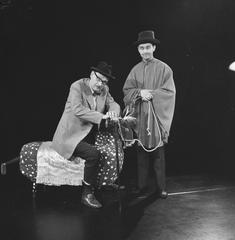 Das Kommödchen German cabaret troupe from Düsseldorf performing in the Netherlands TV recording with Werner Vielhaber and Ernst Hilbich on stage black and white photo