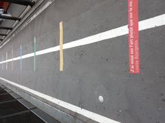 Queue with Covid-19 social distancing marked by artist quotes at Centre Georges Pompidou in Paris