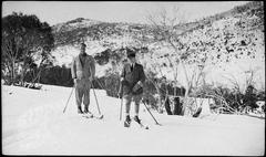 Vintage black and white photo of a skier on Mt. Kosciuszko, Australia, circa 1925