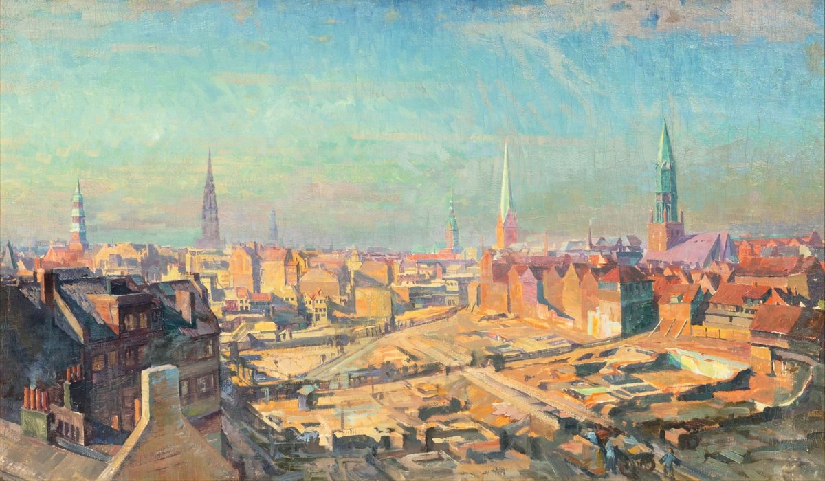 Historical painting of Hamburg's towers with the demolished Gängeviertel area before the Kontorhausviertel construction around 1916