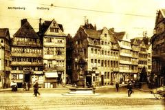 Messberg street in Hamburg around 1900 with Vierländerin-Brunnen fountain in the center