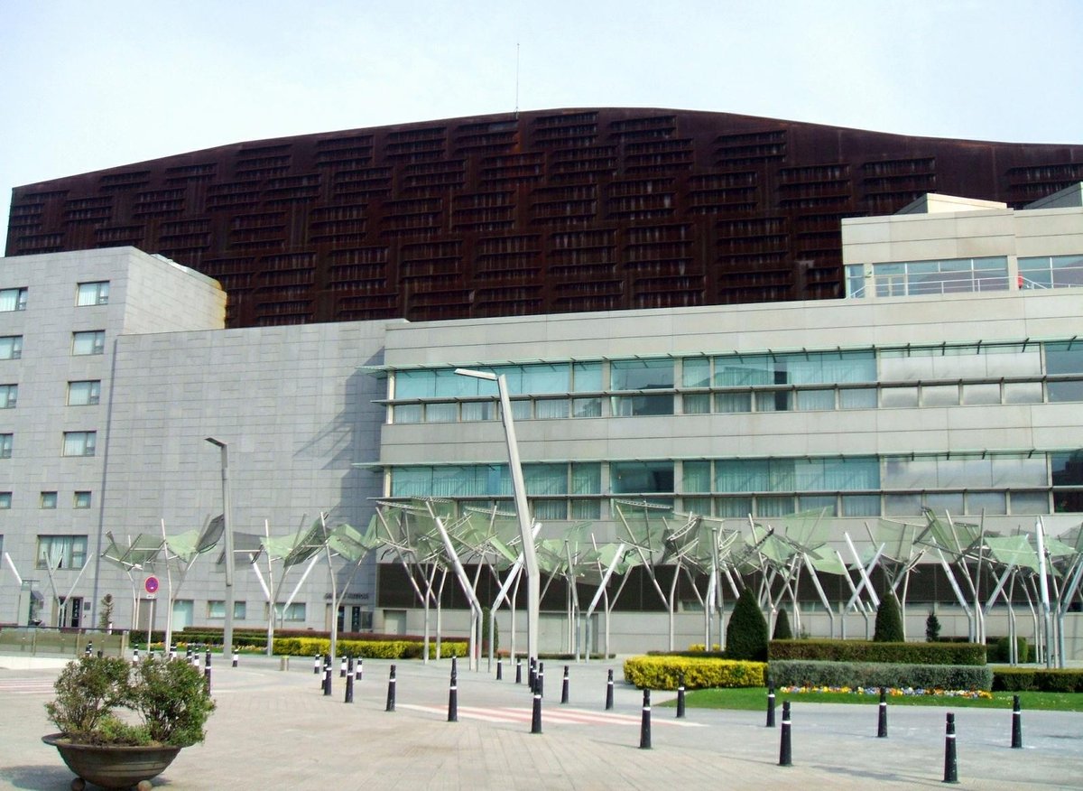 Euskalduna Palace in Bilbao Spain modern architecture and riverfront view