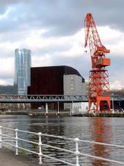 Panoramic view of La Ribera de Deusto waterfront in Bilbao in 2012 with residential buildings and river