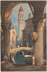 Painting of San Giorgio dei Greci church seen through an arcade