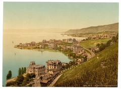 Panoramic view of Montreux and Clarens on Geneva Lake in Switzerland