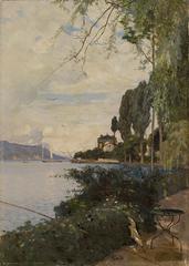 Scenic view of Clarens by Lake Geneva around 1880 with mountains in the background