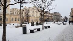 Krakowskie Przedmieście street in Warsaw covered with snow in January 2019
