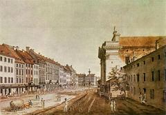 Street view of Krakowskie Przedmieście in Warsaw with historical buildings and people