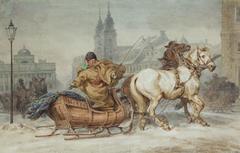Winter view of Warsaw with trees covered in snow and historical buildings in the background
