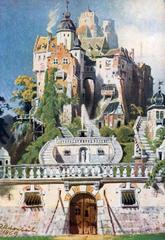Painting of a decorative stage design for Die Narrenburg by Andreas Achenbach from 1869