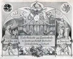 Vintage carnival ball ticket for Mask Society Malkasten Aschenbrödel's wedding February 14 1852