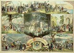 Colored wood engraving of the artists' festival at Malkasten Düsseldorf honoring the imperial couple on September 6, 1877