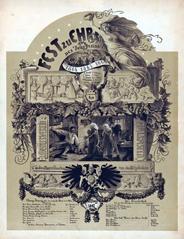 Black and white lithographic poster honoring the board members from 1864 to 1866 with names and theater performance details from May 14, 1867