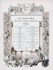 Poster depicting legends and history of the Rhine, showcasing contemporary Rhineland life in Düsseldorf, February 1872