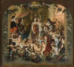 Design sketch of the Malkasten curtain in Düsseldorf, signed and titled, oil on canvas painting 77 x 84 cm