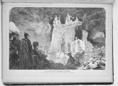 Vintage illustration depicting a large group of people gathered outdoors in a garden setting during a social event