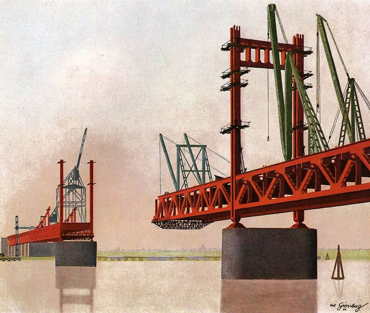 Construction of Autobahnzubringerbrücke in Krefeld-Uerdingen in 1935