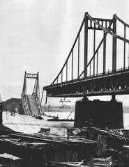 Destroyed Krefeld-Uerdinger Rhein bridge over the Rhine in Germany in 1945