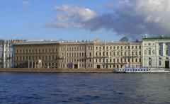 View of Palace Embankment buildings 26-30 from Neva River in Saint Petersburg