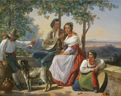 Genre scene in Italian landscape by Ludwig Vogel showing people in traditional costumes amidst a rural setting