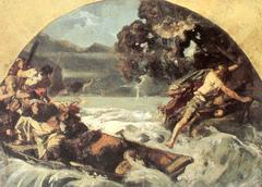 Historic painting of the Stueckelberg Tellensprung event in 1879