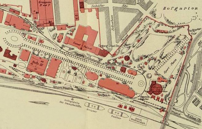 1902 industrial, trade and art exhibition map in Düsseldorf showing Art Exhibition Palace and Restaurant