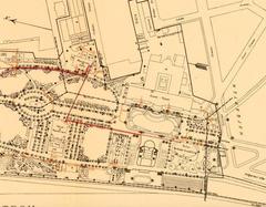 Map section of the International Art Exhibition, Art Historical Exhibition, and Large Horticultural Exhibition in Düsseldorf 1904 showing Kunst-Palast and Restaurant Schievelbusch