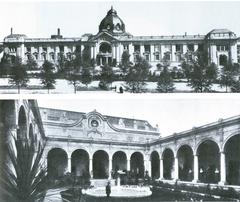 Architectural drawing of Kunstpalast in Düsseldorf, built for the 1902 Industry and Trade Exhibition, showing floor plan by Albrecht Bender and facade design by Eugen Rückgauer