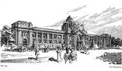 Art Palace in Düsseldorf, architectural drawing with floor plan and facade design for 1902 Industrial and Trade Exhibition