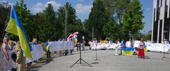 Pro-Ukraine demonstration with banners and flags in Düsseldorf on May 14, 2022
