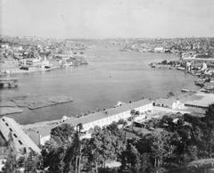 Panoramic view of the Golden Horn waterway and cityscape of Istanbul with rooftops and buildings