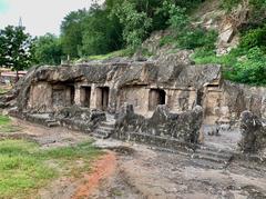 7th-century Akkanna Madanna Lower Cave rock-cut Hindu temple in Vijayawada, Andhra Pradesh with Shaiva reliefs and damaged artwork