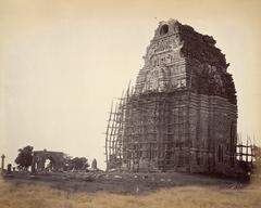 Teli-ka-Mandir temple under restoration with scaffolding at Gwalior Fort, Madhya Pradesh, 1882