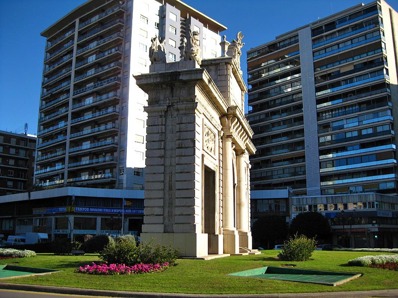 Plaça de la Porta de la Mar in Valencia Spain with historical buildings and street view