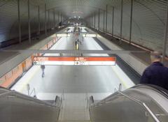 Hakaniemi metro station platform in Helsinki, Finland with passengers waiting